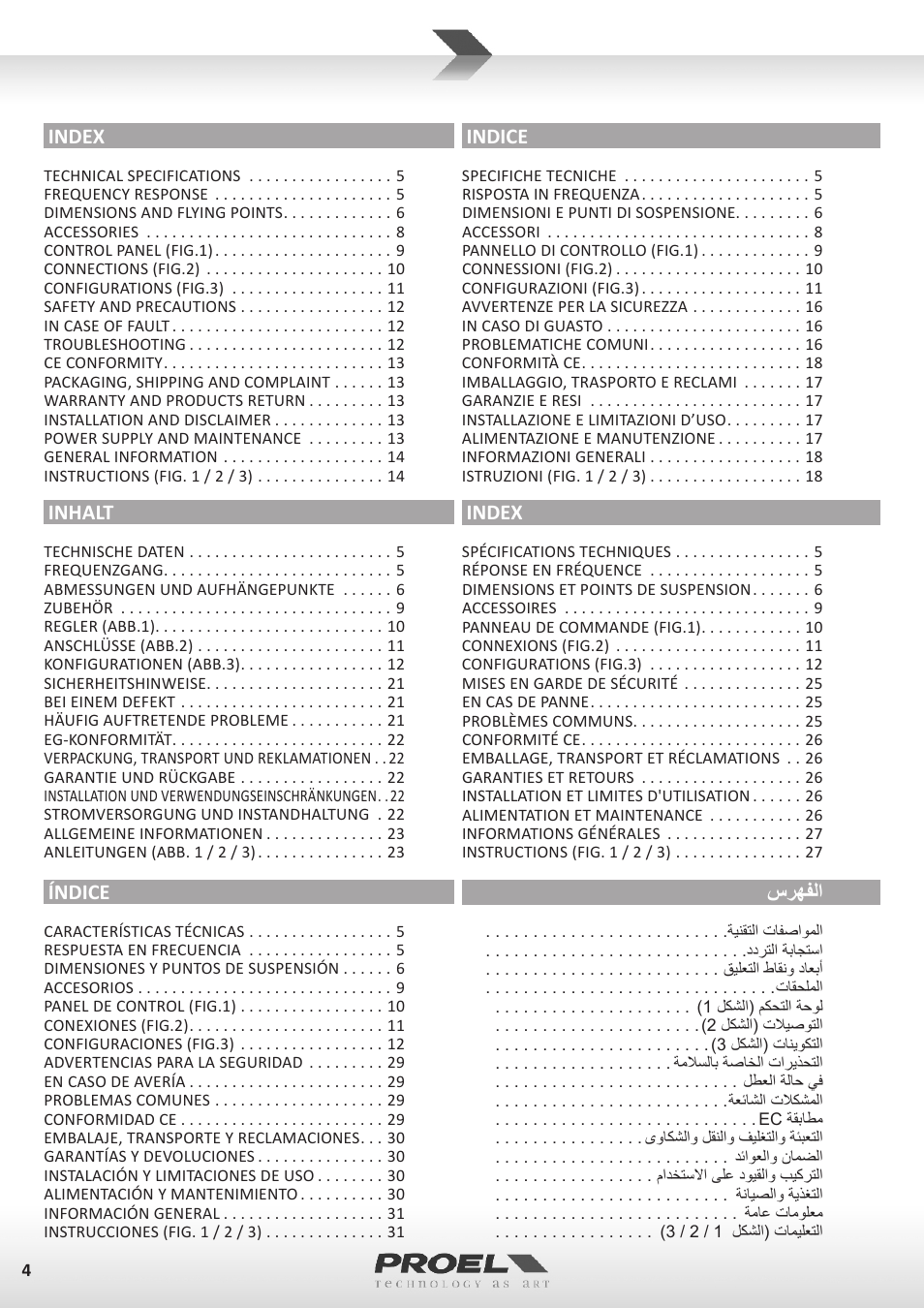 Index, Indice, Inhalt | Índice, سرهفلا | Proel V15A User Manual | Page 4 / 37