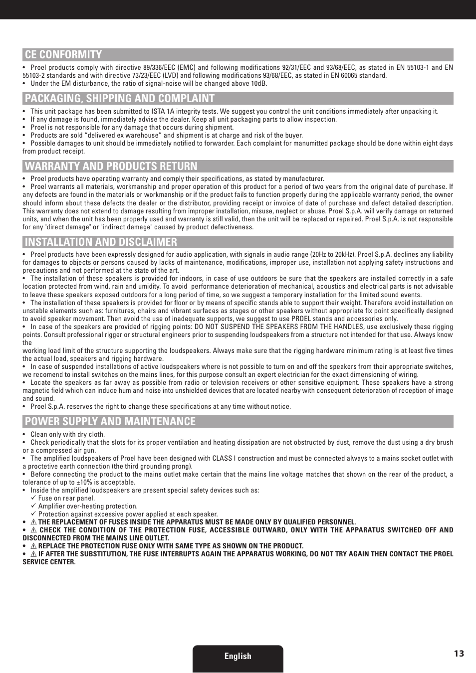 Ce conformity, Packaging, shipping and complaint, Warranty and products return | Installation and disclaimer, Power supply and maintenance | Proel SW118HAV2 User Manual | Page 13 / 48