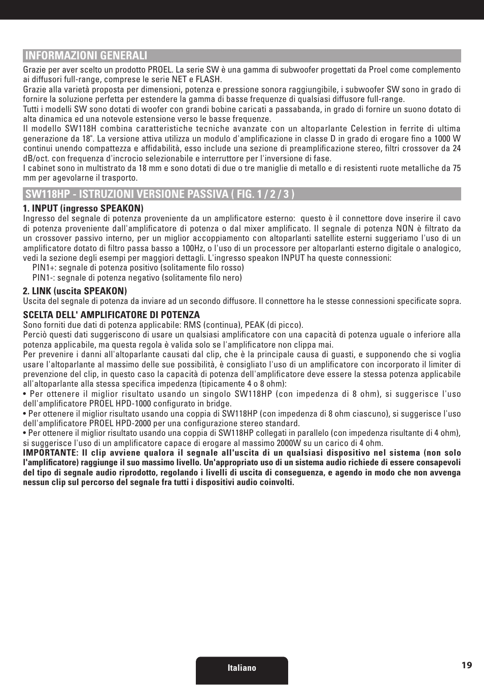 Informazioni generali | Proel SW118HAV2 User Manual | Page 19 / 48