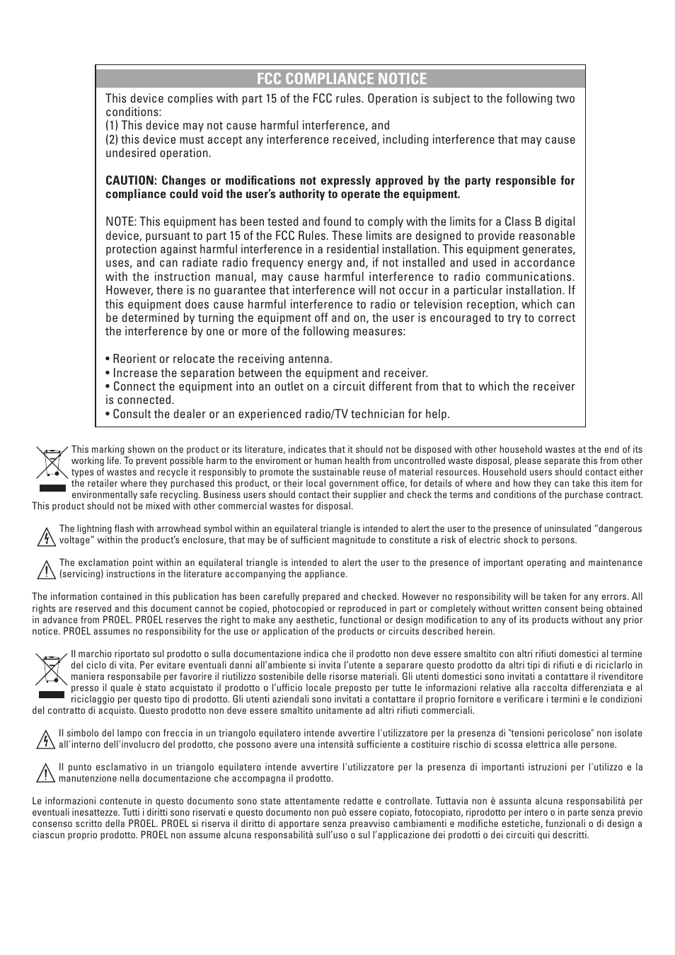 Fcc compliance notice | Proel SW118HAV2 User Manual | Page 2 / 48