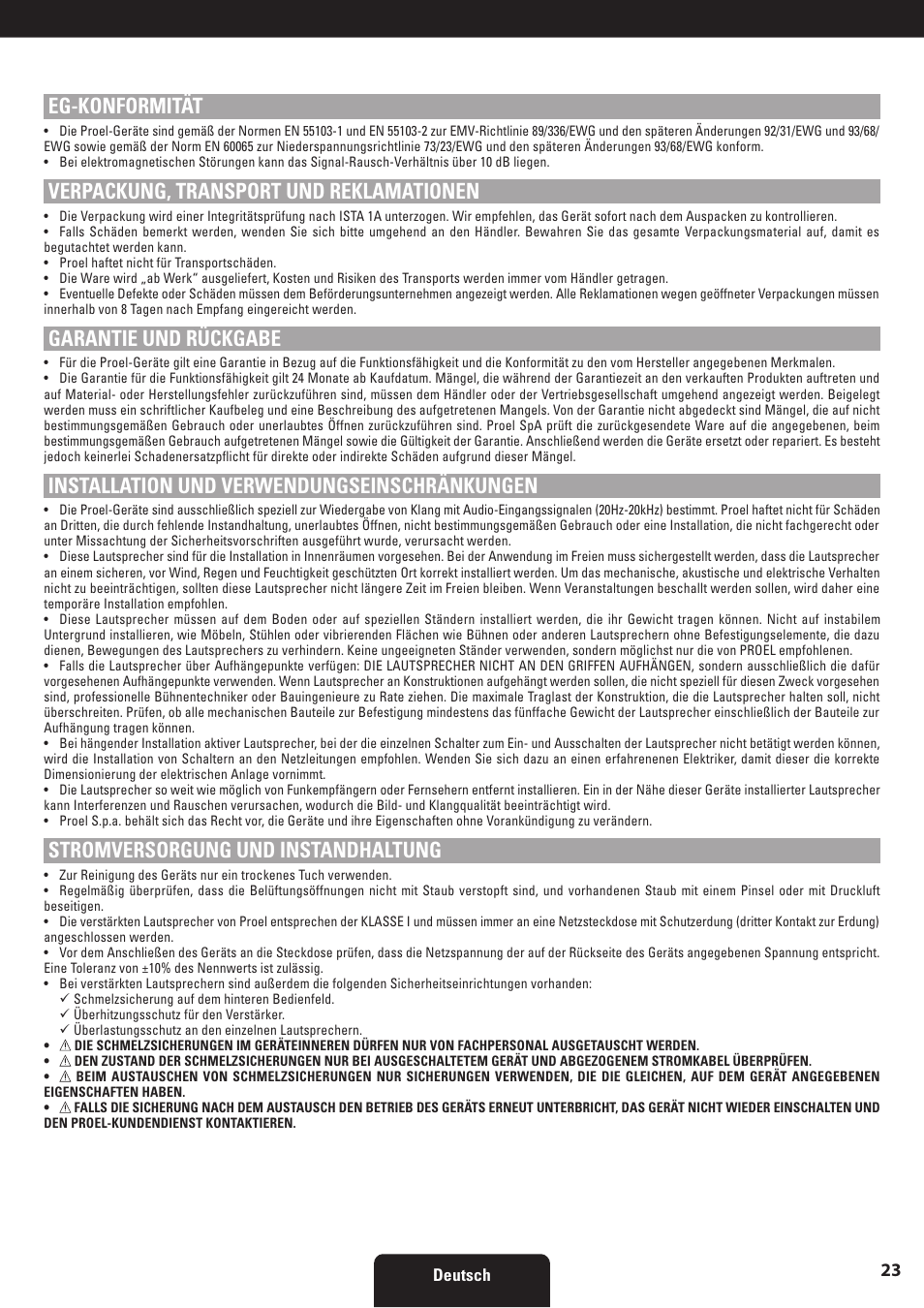 Eg-konformität, Verpackung, transport und reklamationen, Garantie und rückgabe | Installation und verwendungseinschränkungen, Stromversorgung und instandhaltung | Proel SW118HAV2 User Manual | Page 23 / 48