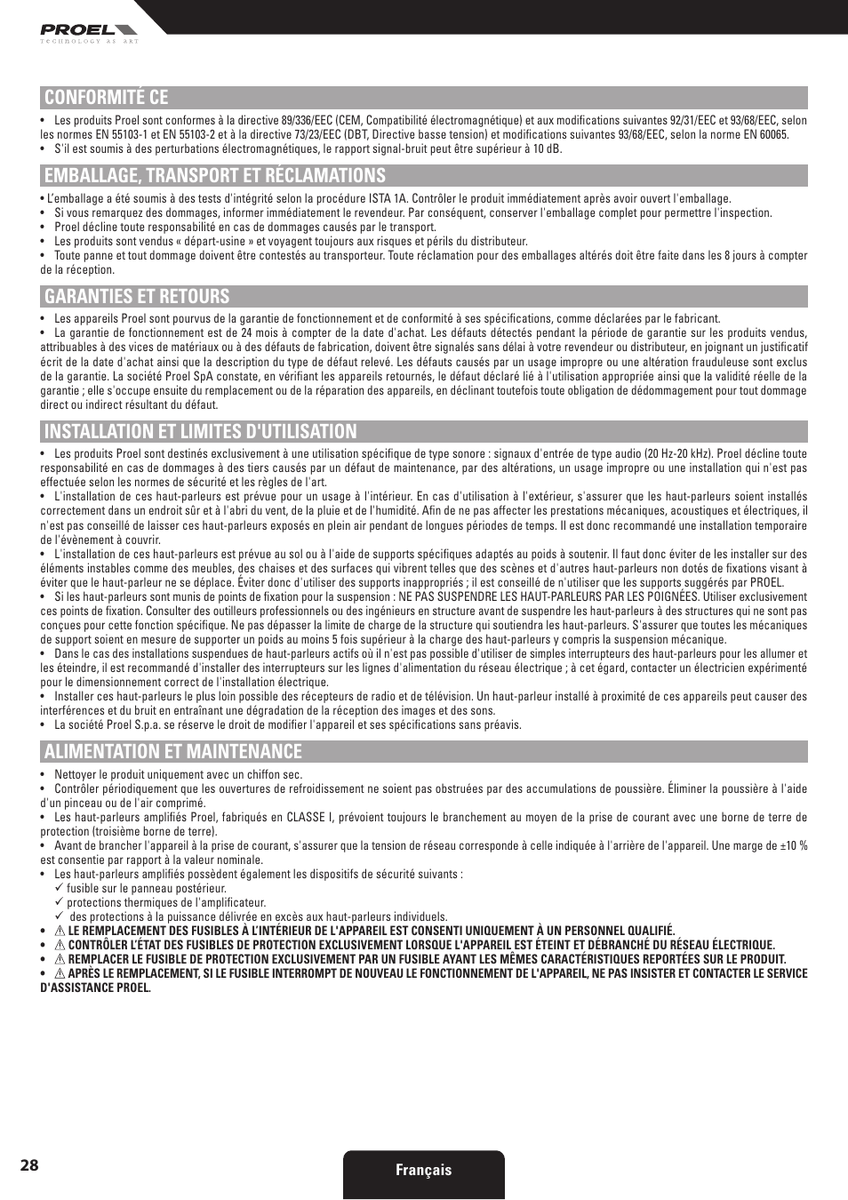 Conformité ce, Emballage, transport et réclamations, Garanties et retours | Installation et limites d'utilisation, Alimentation et maintenance | Proel SW118HAV2 User Manual | Page 28 / 48