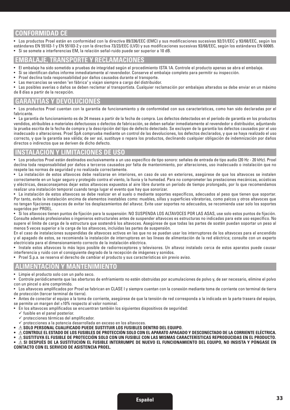 Conformidad ce, Embalaje, transporte y reclamaciones, Garantías y devoluciones | Instalación y limitaciones de uso, Alimentación y mantenimiento | Proel SW118HAV2 User Manual | Page 33 / 48