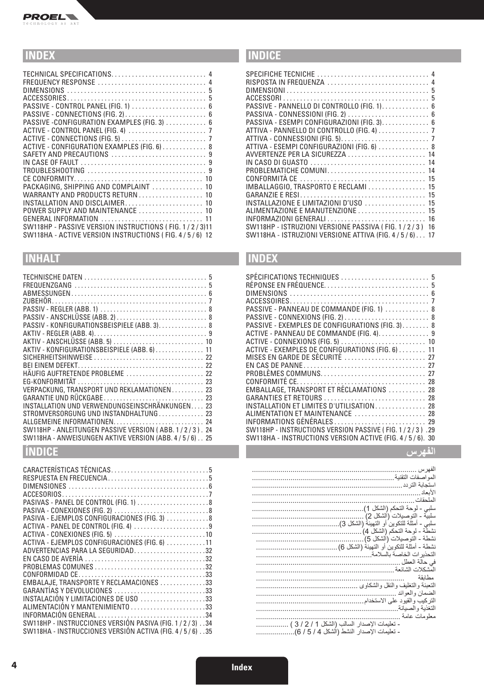 Index, Inhalt, Índice | Indice, سرهفلا | Proel SW118HAV2 User Manual | Page 4 / 48
