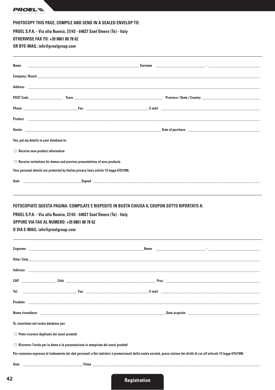 Registration | Proel SW118HAV2 User Manual | Page 42 / 48
