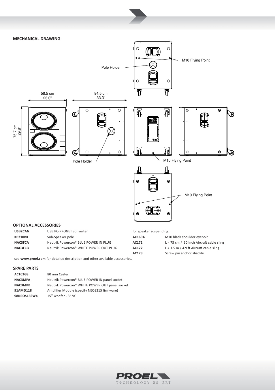 Mechanical drawing, Optional accessories, Spare parts | Proel NEOS215AXS User Manual | Page 2 / 4