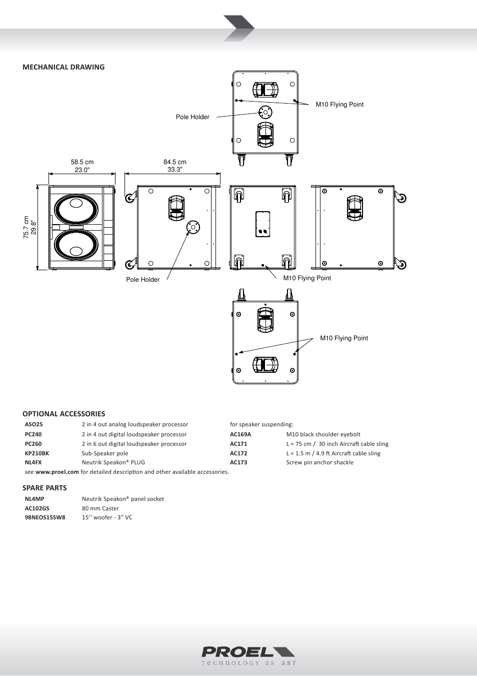 Mechanical drawing, Optional accessories, Spare parts | Proel NEOS215PX User Manual | Page 2 / 4