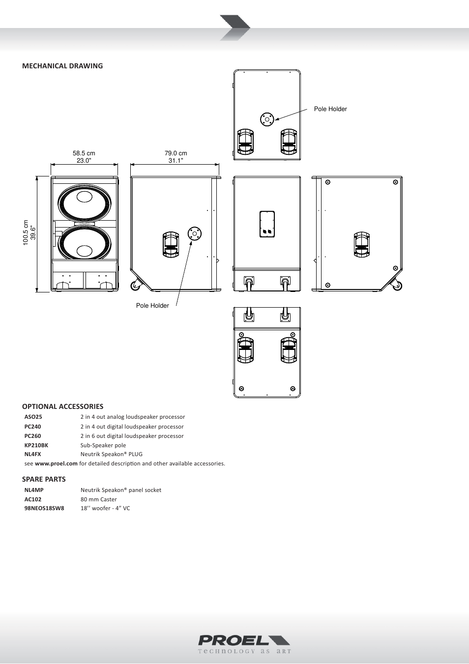 Mechanical drawing, Optional accessories, Spare parts | Proel NEOS218PX User Manual | Page 2 / 4