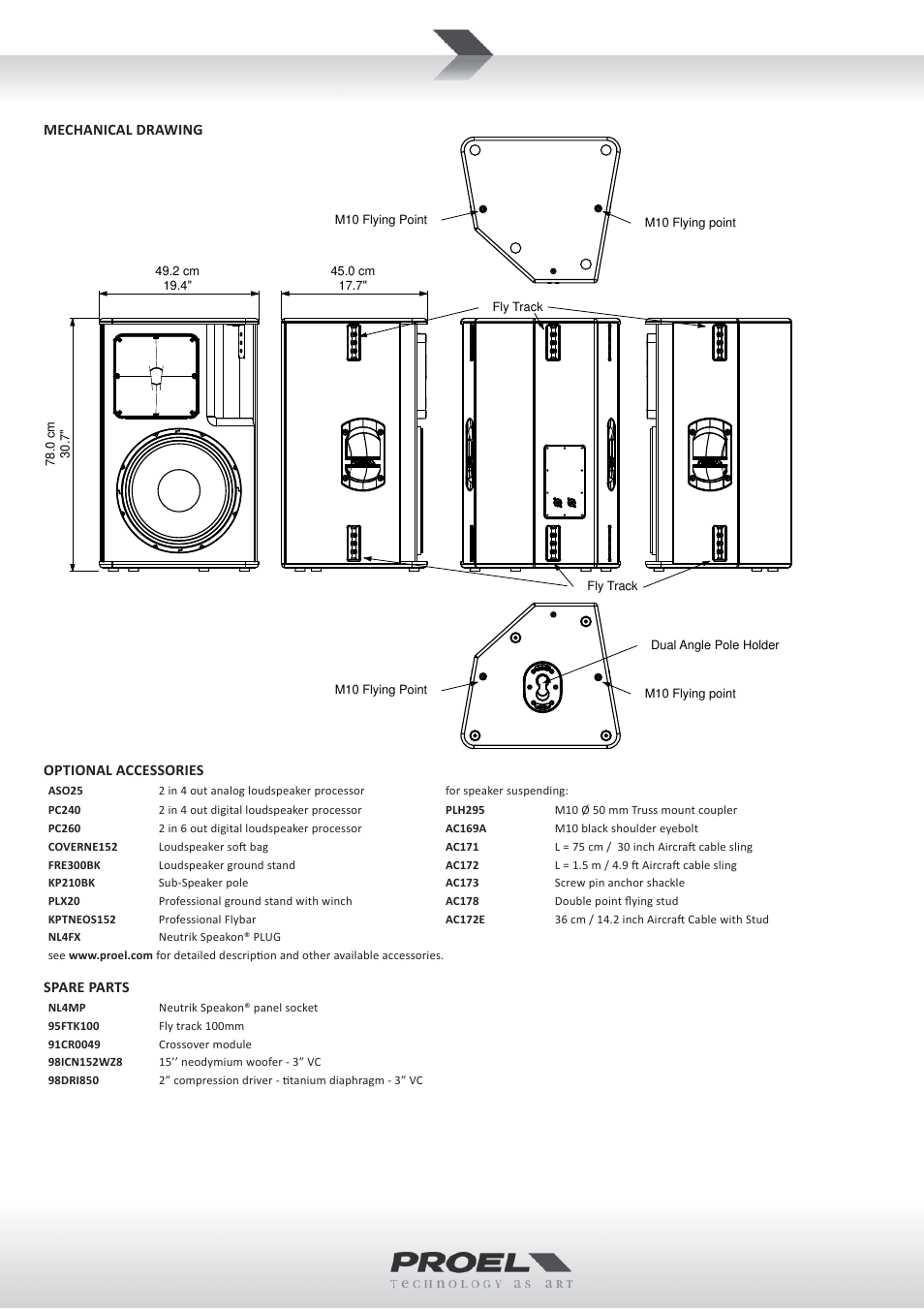 Mechanical drawing, Optional accessories, Spare parts | Proel NEOS152PX User Manual | Page 2 / 4