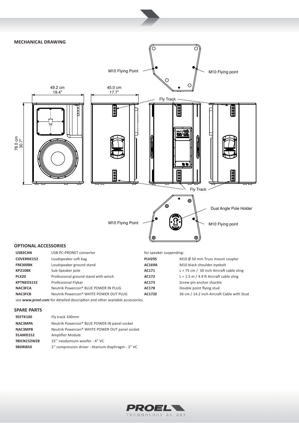 Mechanical drawing, Optional accessories, Spare parts | Proel NEOS152AXS User Manual | Page 2 / 4