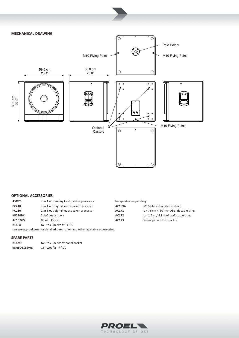 Mechanical drawing, Optional accessories, Spare parts | Proel NEOS118PX User Manual | Page 2 / 4