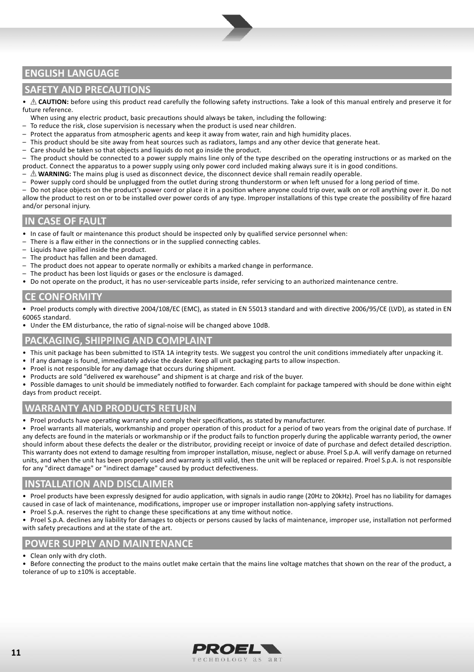 English language safety and precautions, Ce conformity, Packaging, shipping and complaint | Warranty and products return, Installation and disclaimer, Power supply and maintenance | Proel FREEPACK65 User Manual | Page 11 / 23