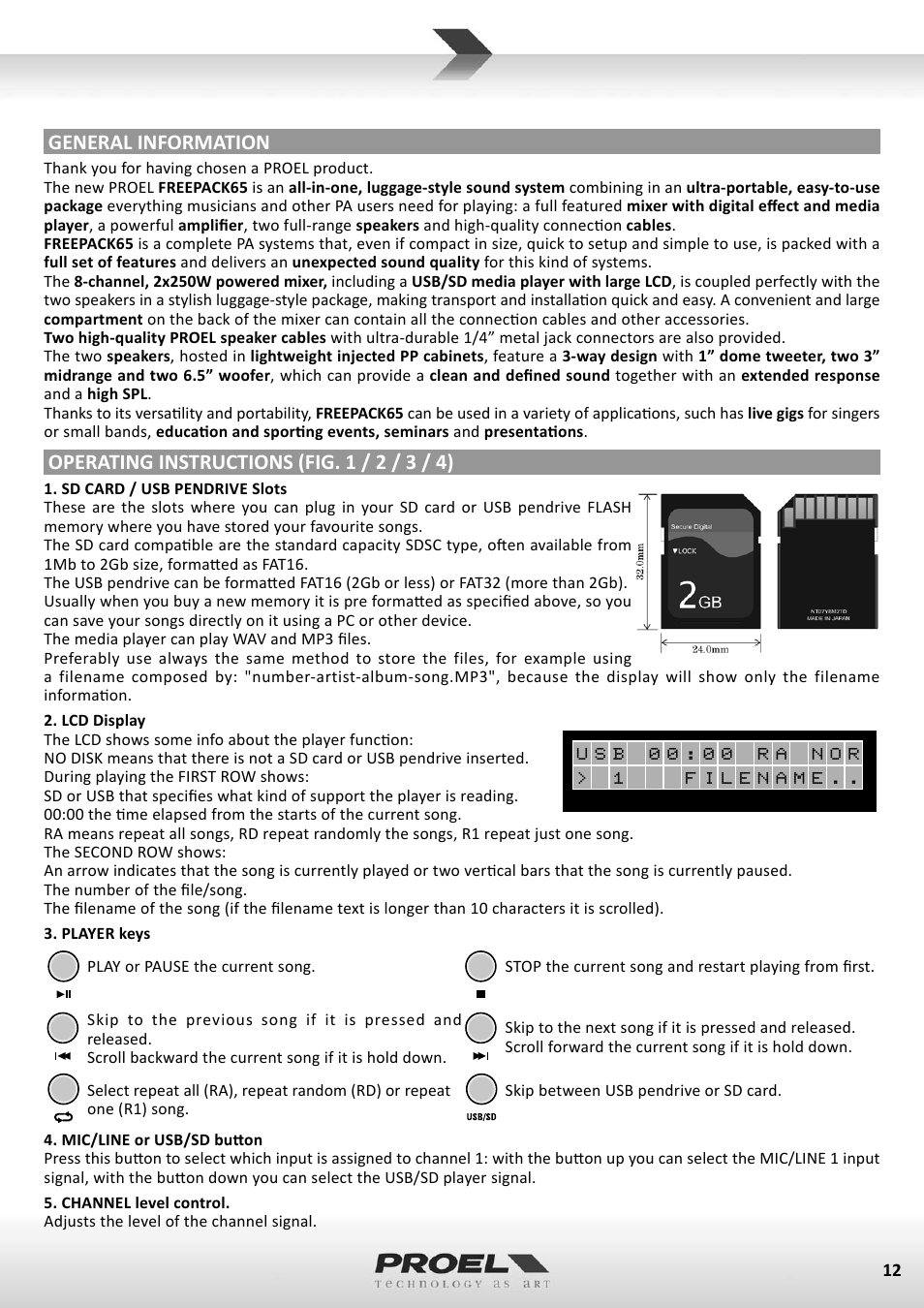 General information, Operating instructions (fig. 1 / 2 / 3 / 4) | Proel FREEPACK65 User Manual | Page 12 / 23