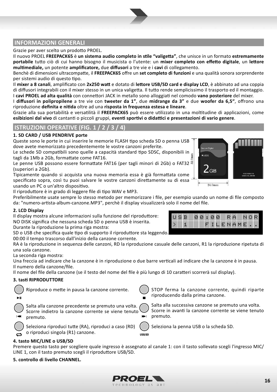 Informazioni generali, Istruzioni operative (fig. 1 / 2 / 3 / 4) | Proel FREEPACK65 User Manual | Page 16 / 23