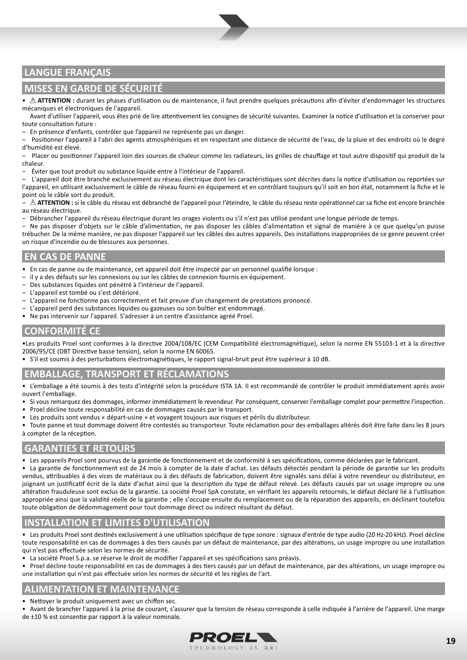 Langue français mises en garde de sécurité, En cas de panne, Conformité ce | Emballage, transport et réclamations, Garanties et retours, Installation et limites d'utilisation, Alimentation et maintenance | Proel FREEPACK65 User Manual | Page 19 / 23