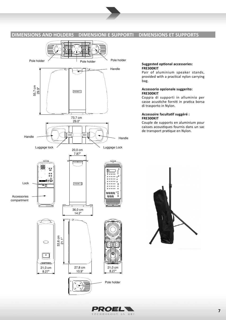 Dimensions and holders dimensioni e supporti, Dimensions et supports | Proel FREEPACK65 User Manual | Page 7 / 23