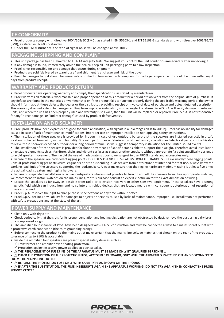 Ce conformity, Packaging, shipping and complaint, Warranty and products return | Installation and disclaimer, Power supply and maintenance | Proel FLASH12PV2 User Manual | Page 17 / 46