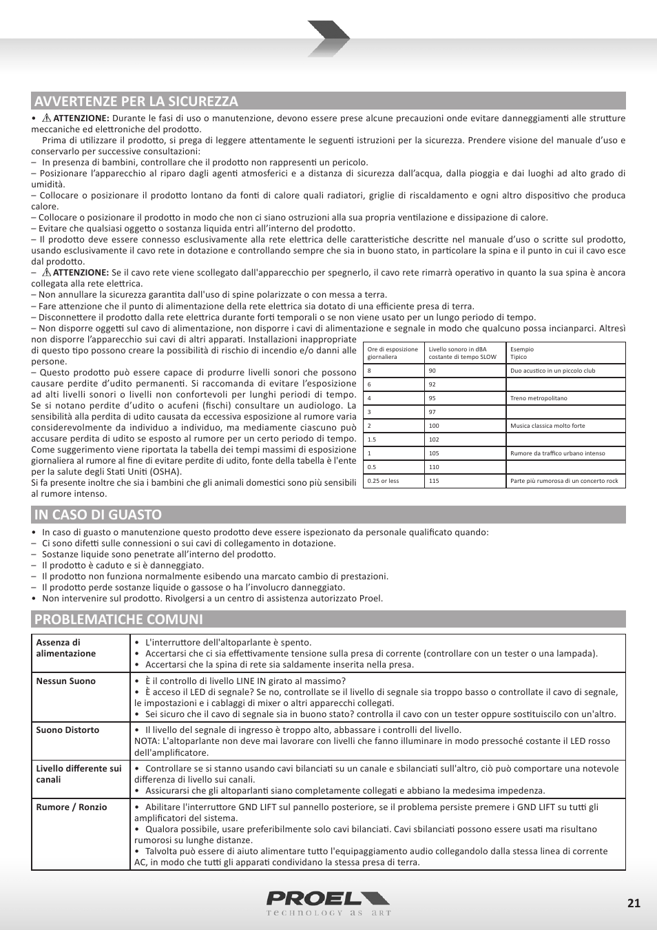 Avvertenze per la sicurezza, Problematiche comuni | Proel FLASH12PV2 User Manual | Page 21 / 46