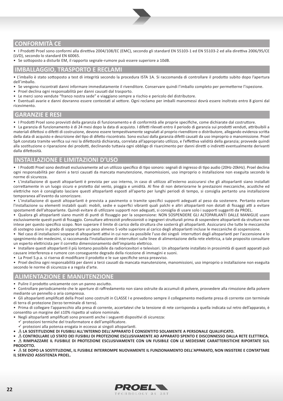 Conformità ce, Imballaggio, trasporto e reclami, Garanzie e resi | Installazione e limitazioni d’uso, Alimentazione e manutenzione | Proel FLASH12PV2 User Manual | Page 22 / 46
