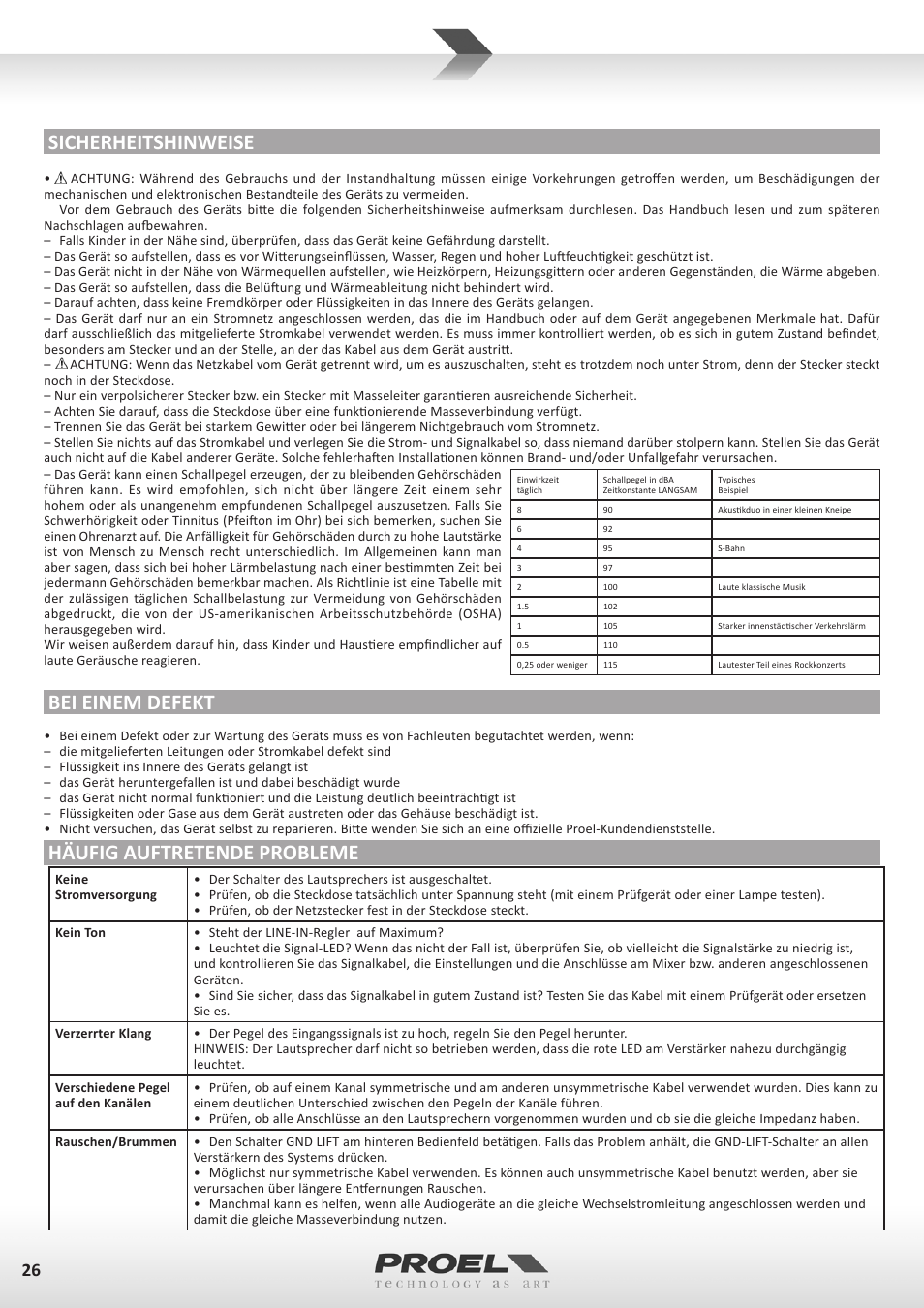 Sicherheitshinweise, Bei einem defekt, Häufig auftretende probleme | Proel FLASH12PV2 User Manual | Page 26 / 46