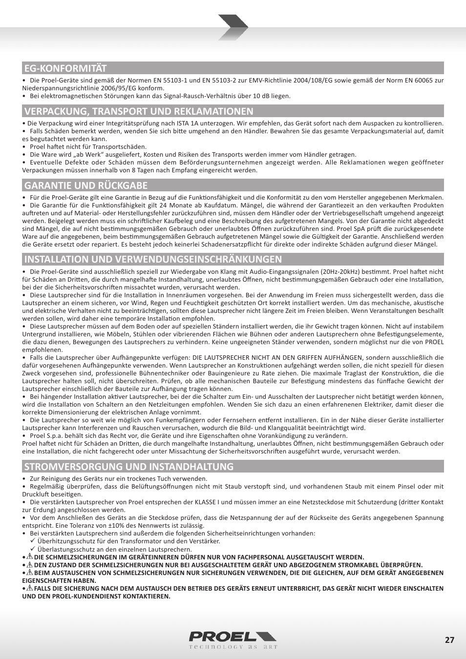 Eg-konformität, Verpackung, transport und reklamationen, Garantie und rückgabe | Installation und verwendungseinschränkungen, Stromversorgung und instandhaltung | Proel FLASH12PV2 User Manual | Page 27 / 46