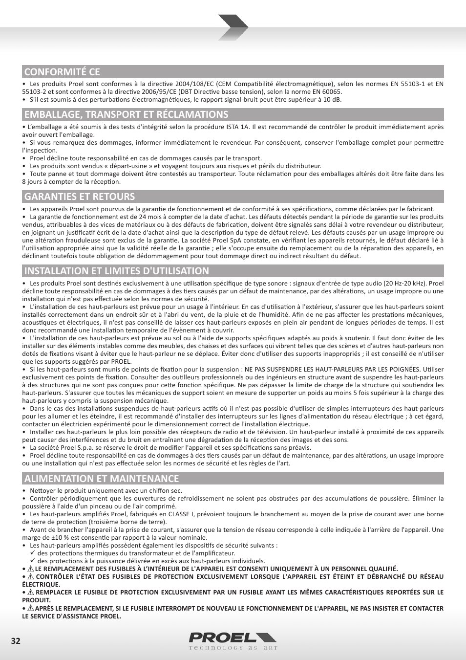 Conformité ce, Emballage, transport et réclamations, Garanties et retours | Installation et limites d'utilisation, Alimentation et maintenance | Proel FLASH12PV2 User Manual | Page 32 / 46