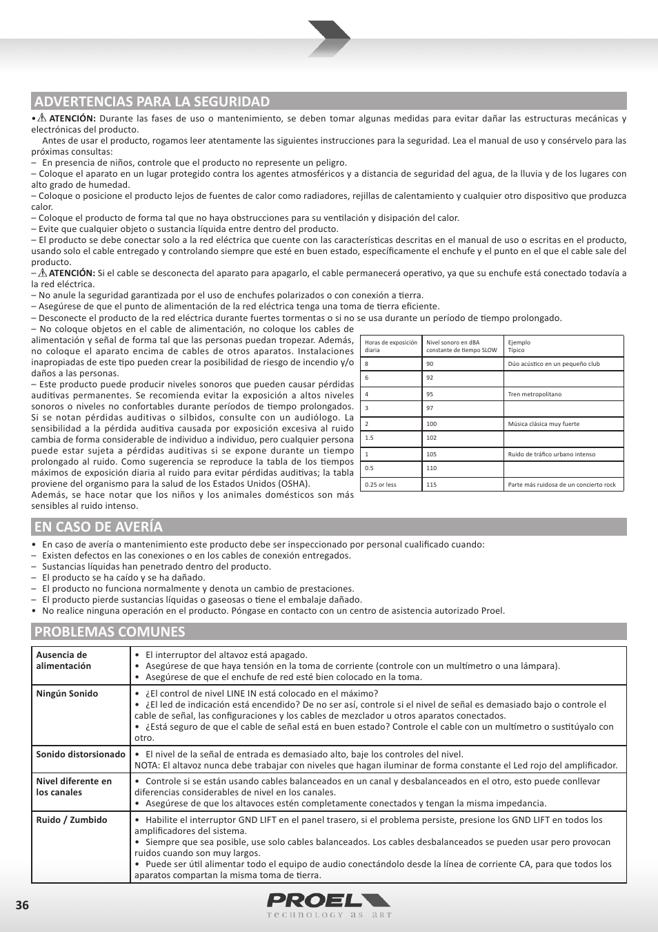 Advertencias para la seguridad, En caso de avería, Problemas comunes | Proel FLASH12PV2 User Manual | Page 36 / 46