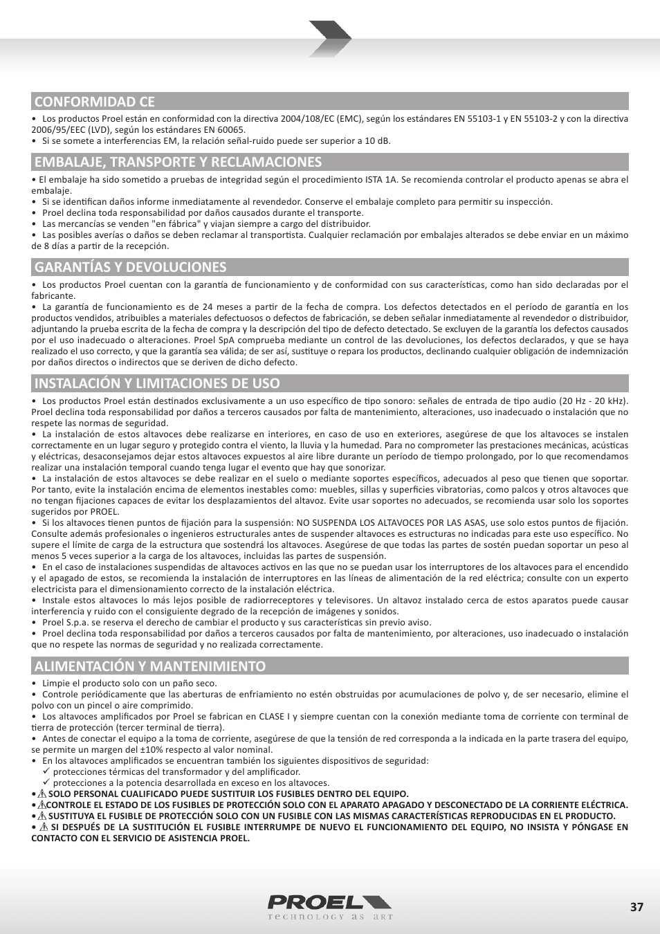 Conformidad ce, Embalaje, transporte y reclamaciones, Garantías y devoluciones | Instalación y limitaciones de uso, Alimentación y mantenimiento | Proel FLASH12PV2 User Manual | Page 37 / 46