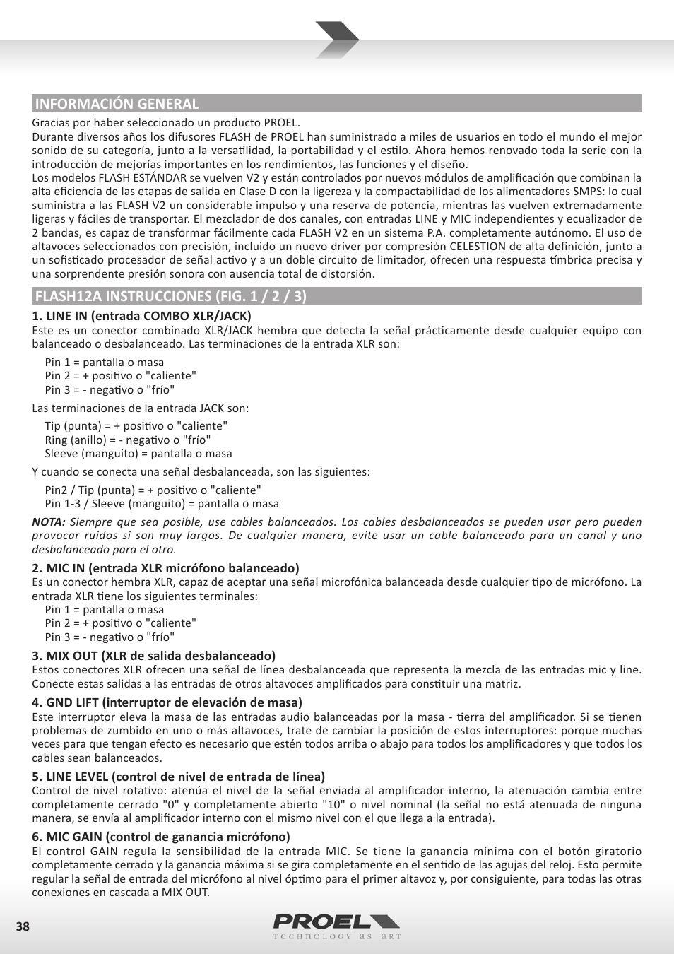 Información general | Proel FLASH12PV2 User Manual | Page 38 / 46