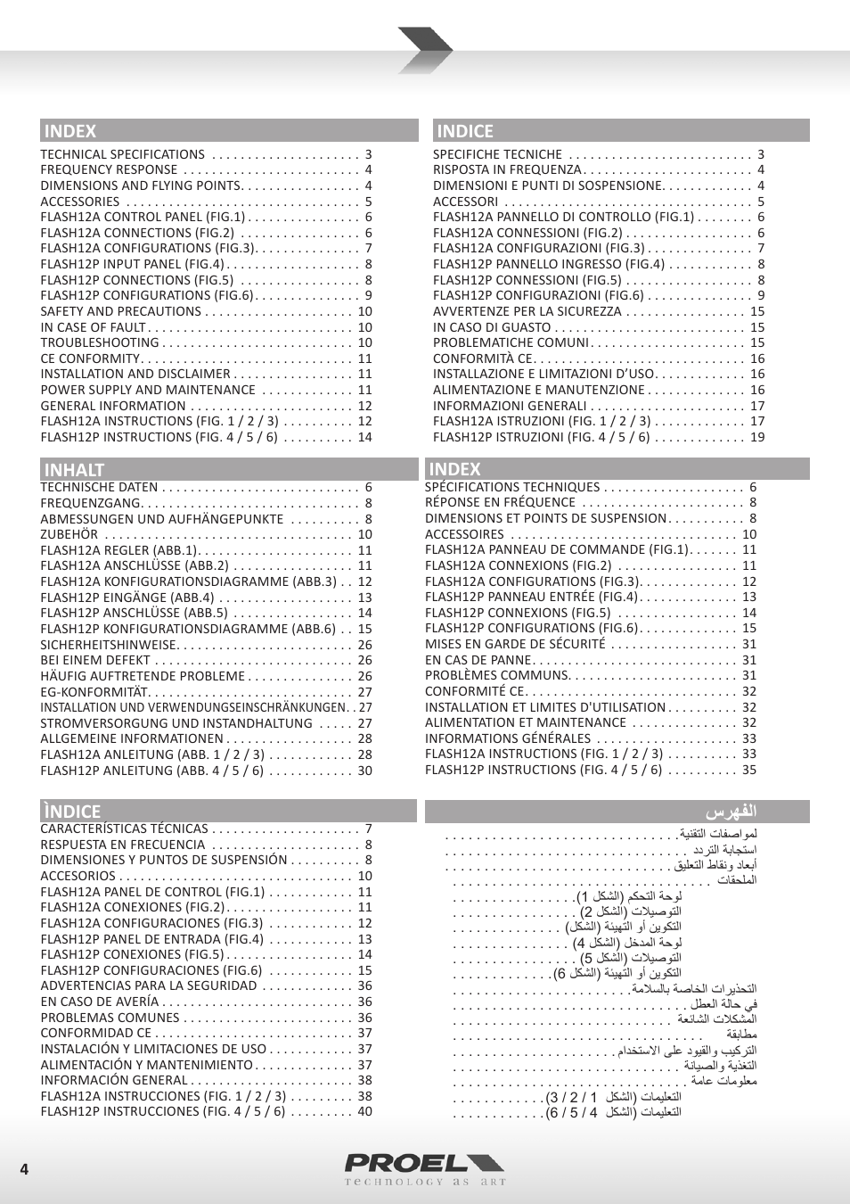 Index, Indice, سرهفلا | Inhalt, Ìndice | Proel FLASH12PV2 User Manual | Page 4 / 46