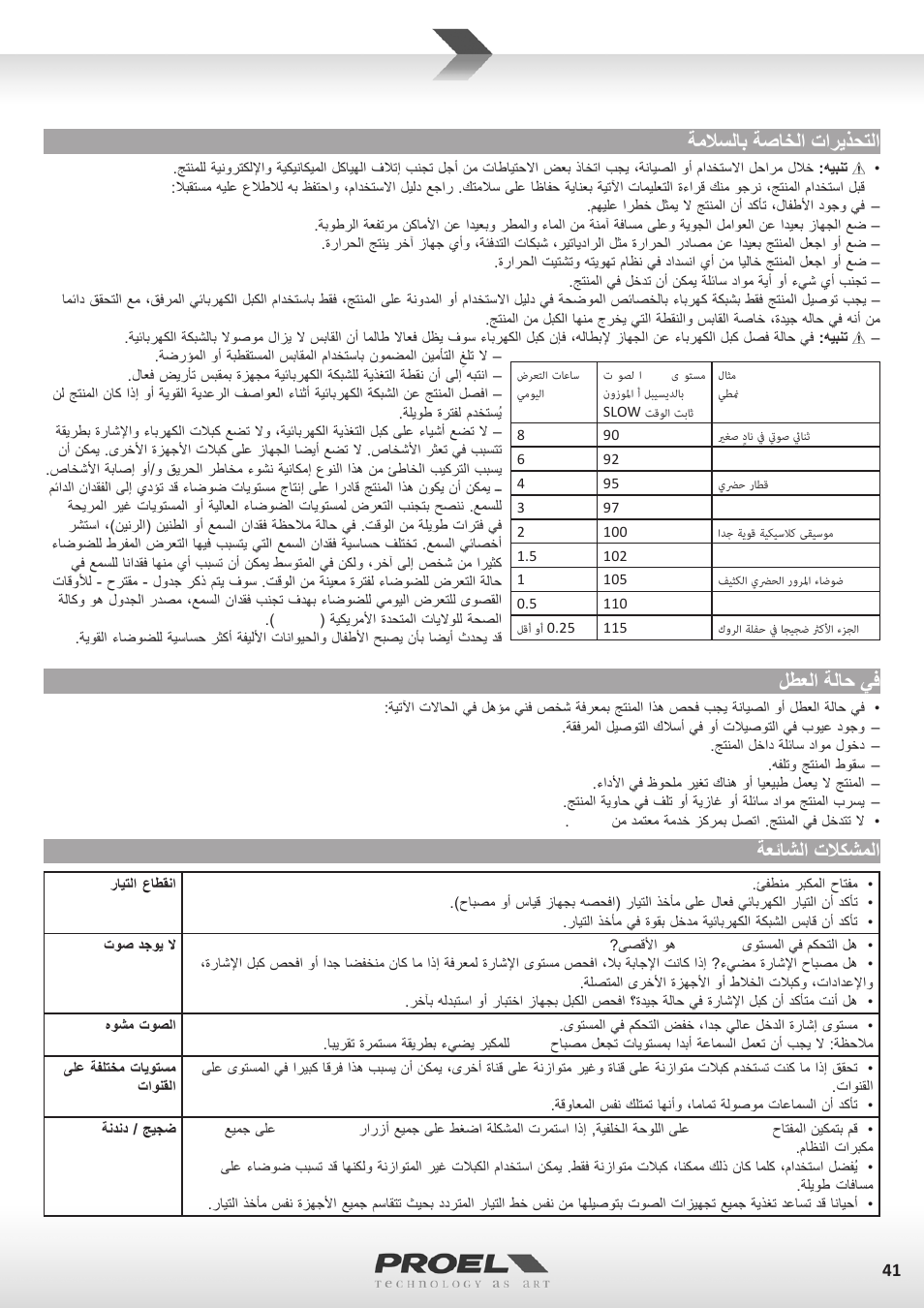 ةملاسلاب ةصاخلا تاريذحتلا, لطعلا ةلاح يف, ةعئاشلا تلاكشملا | Proel FLASH12PV2 User Manual | Page 41 / 46