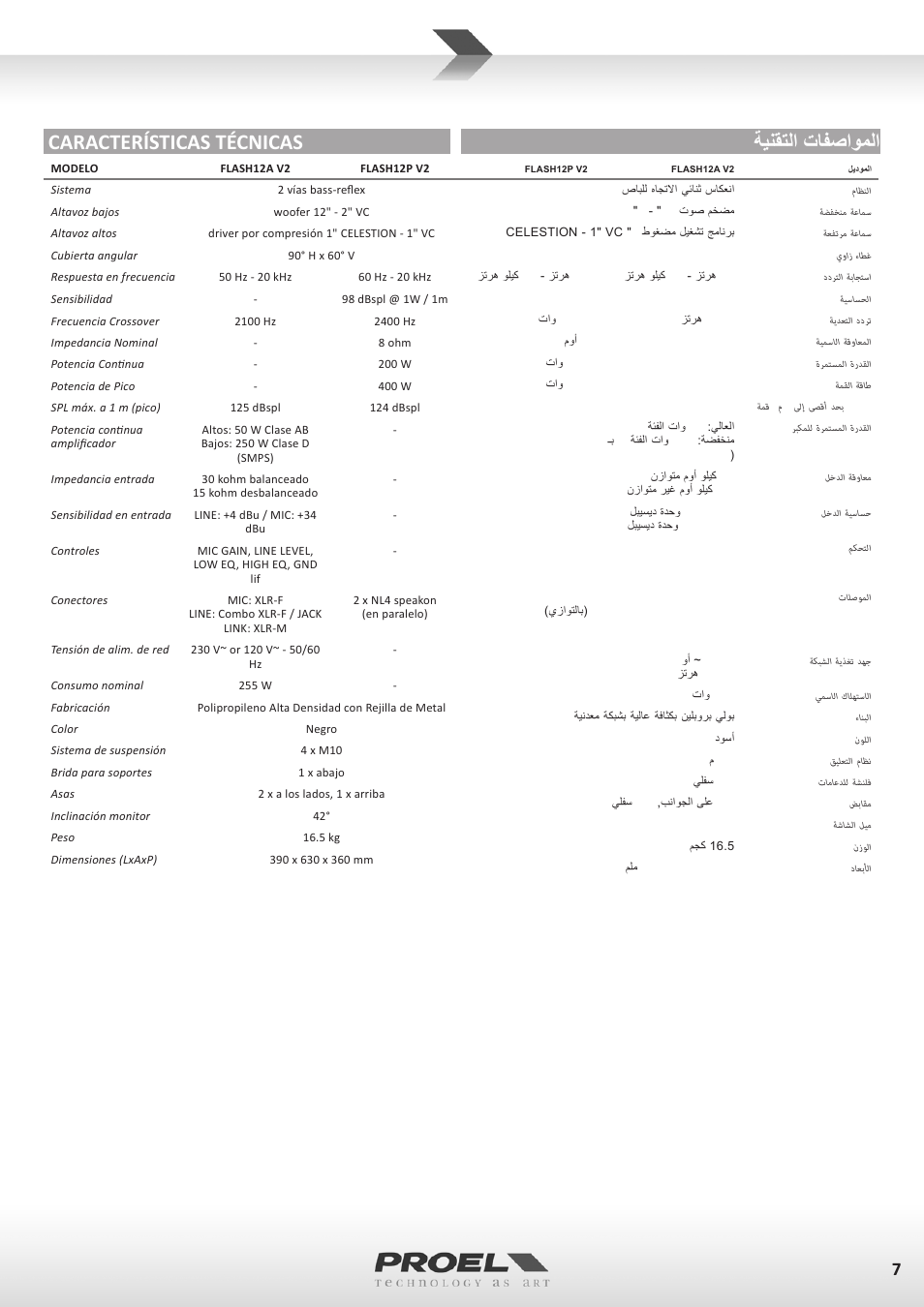 ةينقتلا تافصاوملا características técnicas | Proel FLASH12PV2 User Manual | Page 7 / 46