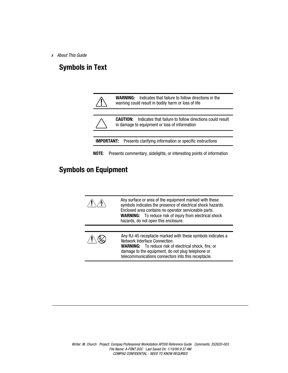 Symbols in text, Symbols on equipment | Compaq Professional Workstation AP200 User Manual | Page 10 / 163