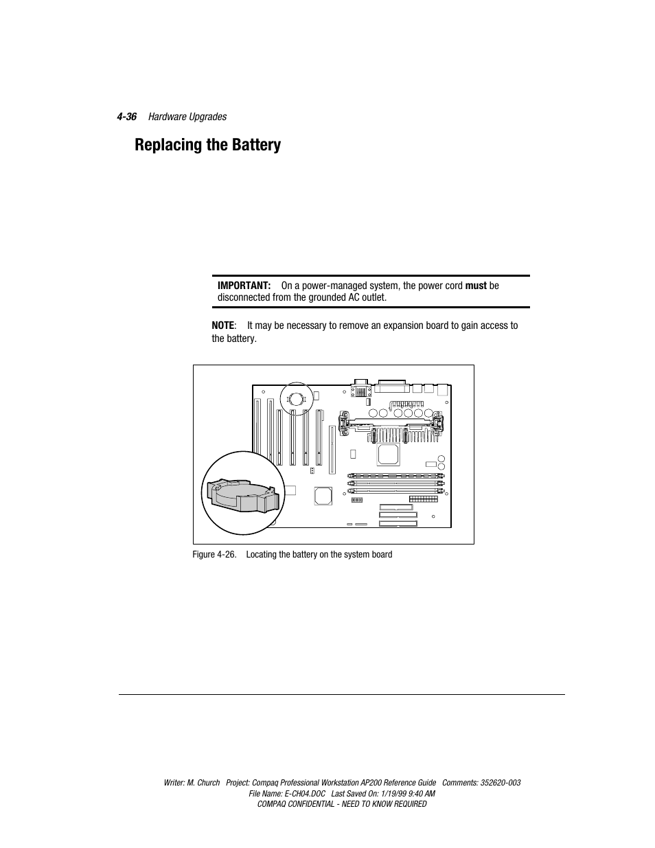 Replacing the battery, Replacing the battery -36 | Compaq Professional Workstation AP200 User Manual | Page 100 / 163