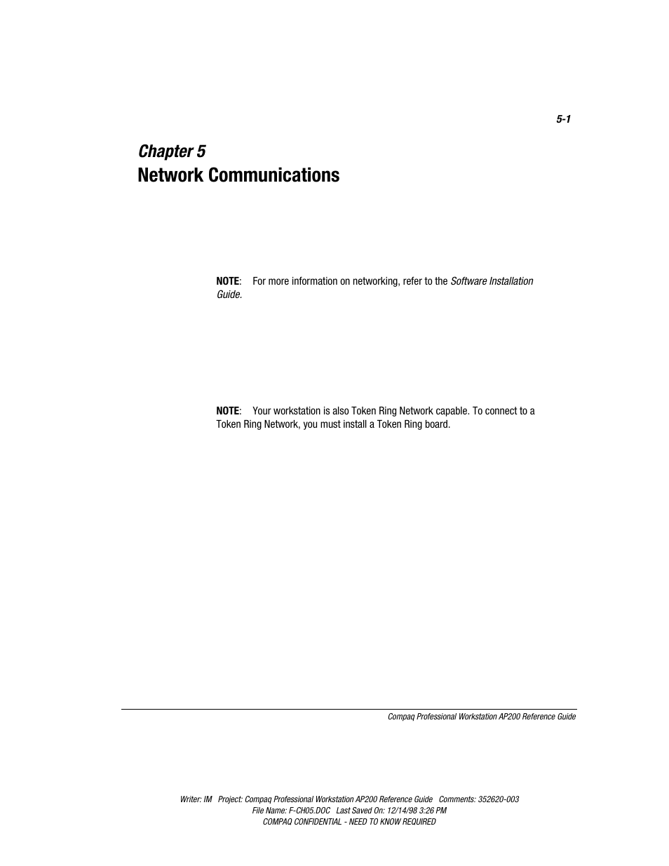 Chapter 5: network communications, Chapter 5, Network communications | Compaq Professional Workstation AP200 User Manual | Page 102 / 163