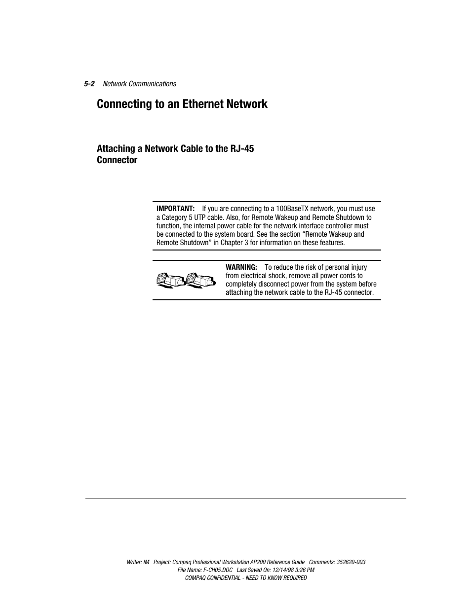 Connecting to an ethernet network, Attaching a network cable to the rj-45 connector, Connecting to an ethernet network -2 | Compaq Professional Workstation AP200 User Manual | Page 103 / 163