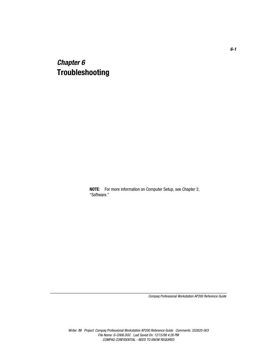 Chapter 6: troubleshooting, Chapter 6, Troubleshooting | Compaq Professional Workstation AP200 User Manual | Page 105 / 163