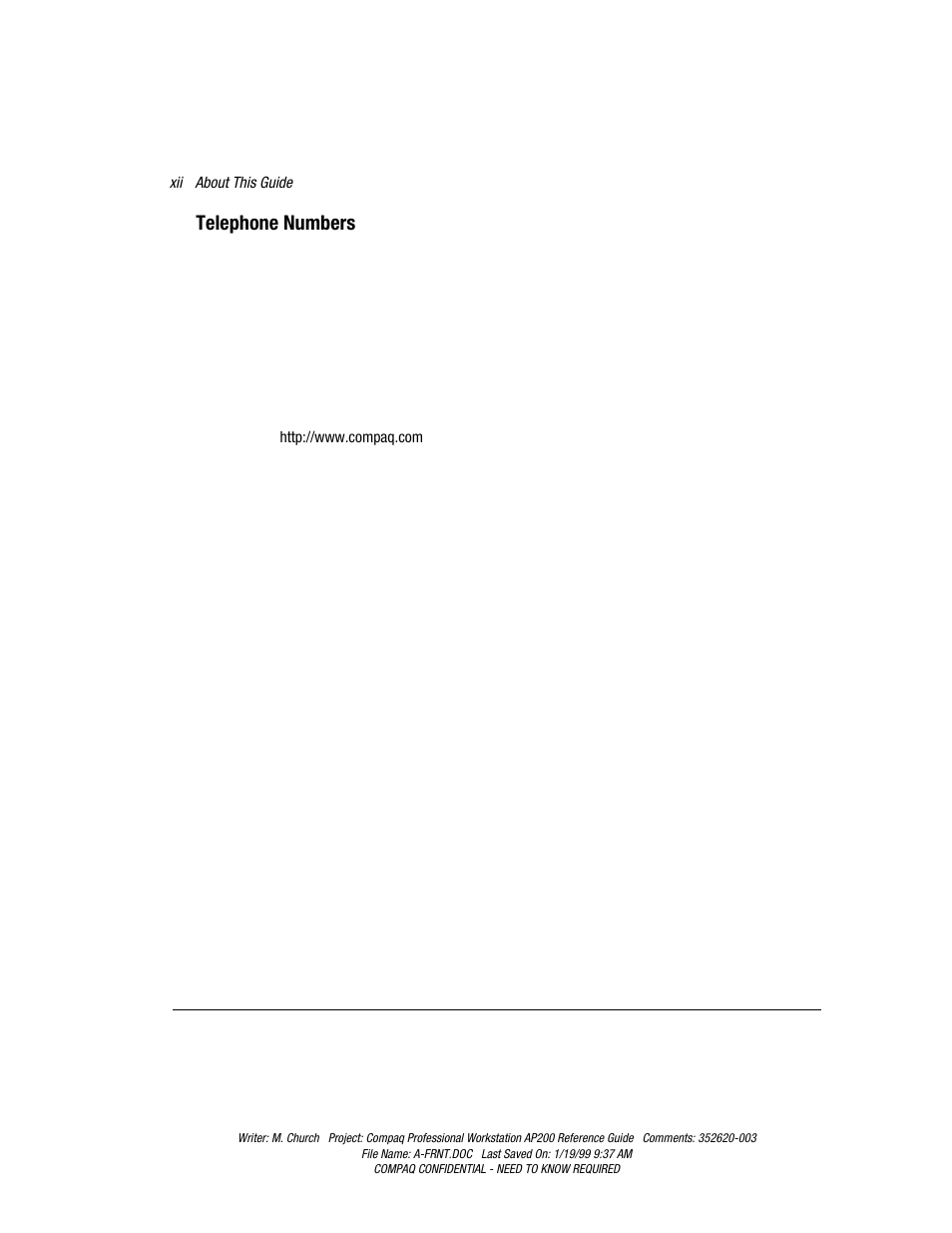 Telephone numbers | Compaq Professional Workstation AP200 User Manual | Page 12 / 163