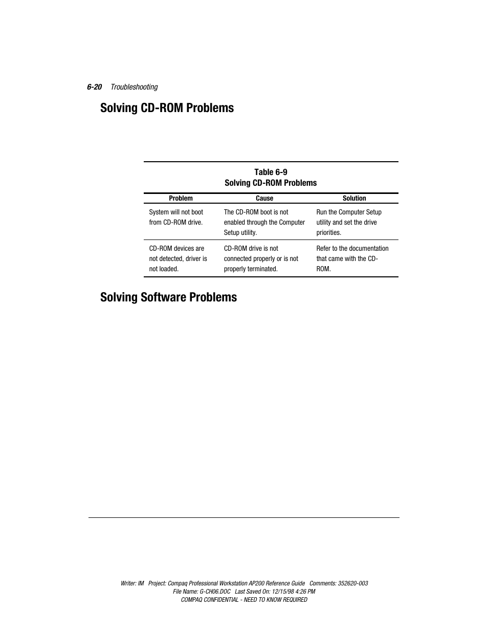 Solving cd-rom problems, Solving software problems | Compaq Professional Workstation AP200 User Manual | Page 124 / 163