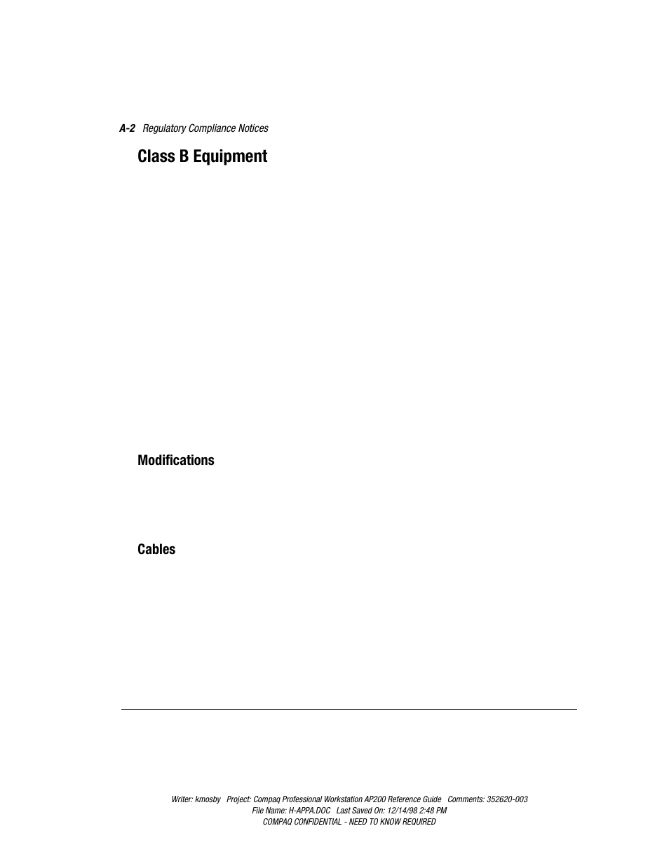 Class b equipment, Modifications, Cables | Compaq Professional Workstation AP200 User Manual | Page 127 / 163