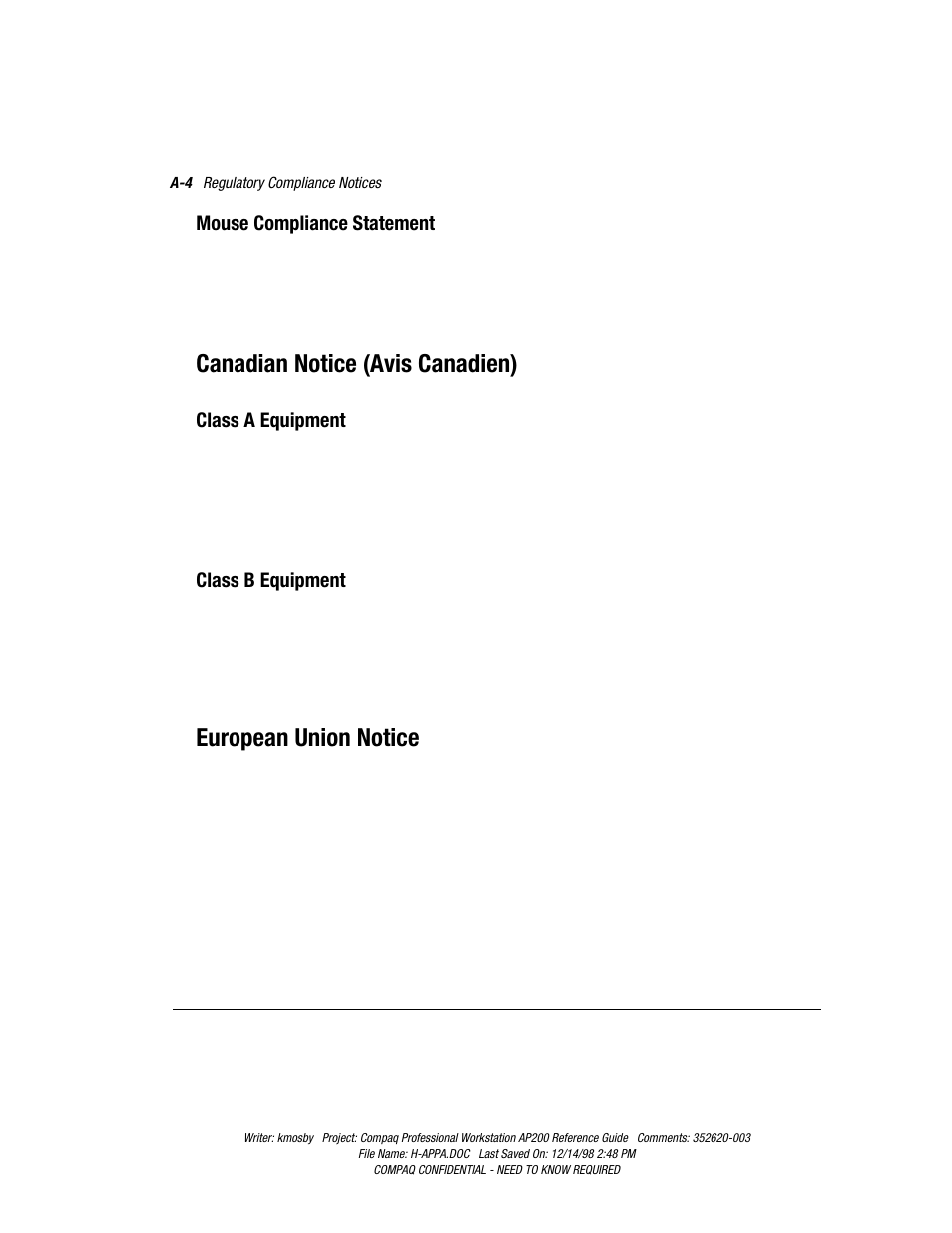 Mouse compliance statement, Canadian notice (avis canadien), Class a equipment | Class b equipement, European union notice, Class b equipment | Compaq Professional Workstation AP200 User Manual | Page 129 / 163