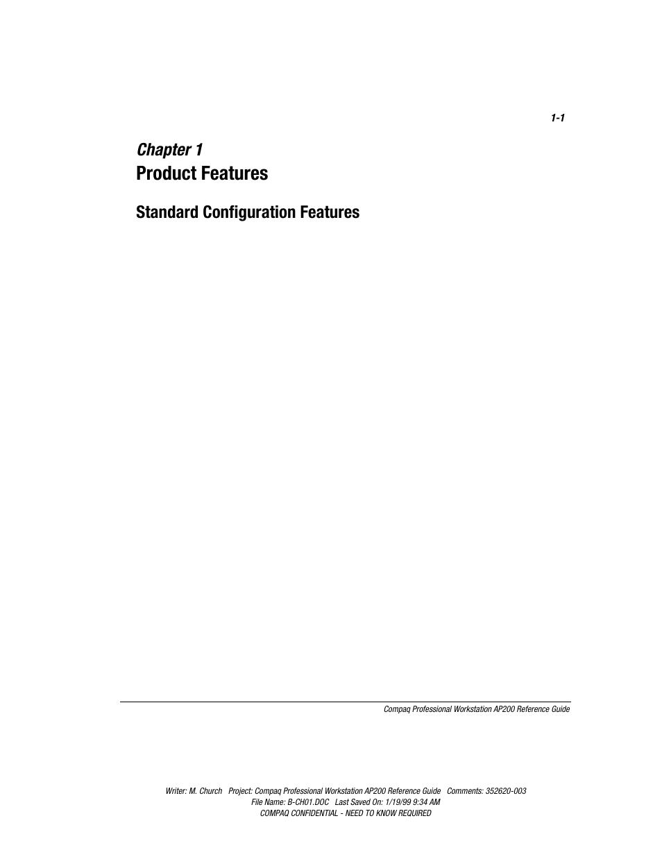 Chapter 1: product features, Standard configuration features, Chapter 1 | Product features, Standard configuration features -1 | Compaq Professional Workstation AP200 User Manual | Page 13 / 163