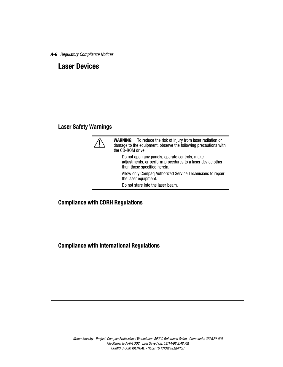 Laser devices, Laser safety warnings, Compliance with cdrh regulations | Compliance with international regulations | Compaq Professional Workstation AP200 User Manual | Page 131 / 163