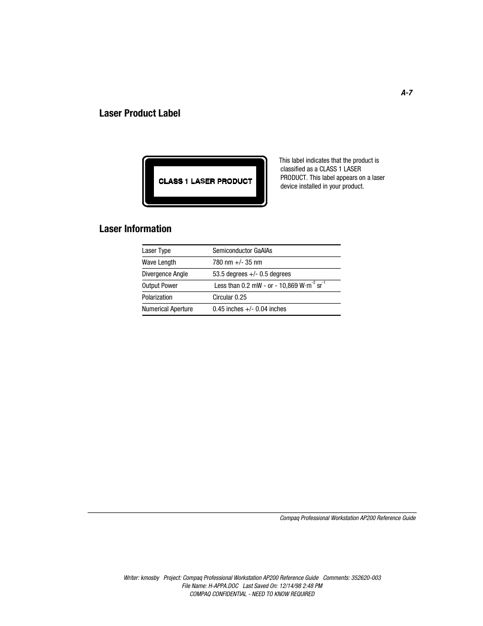 Laser product label, Laser information | Compaq Professional Workstation AP200 User Manual | Page 132 / 163