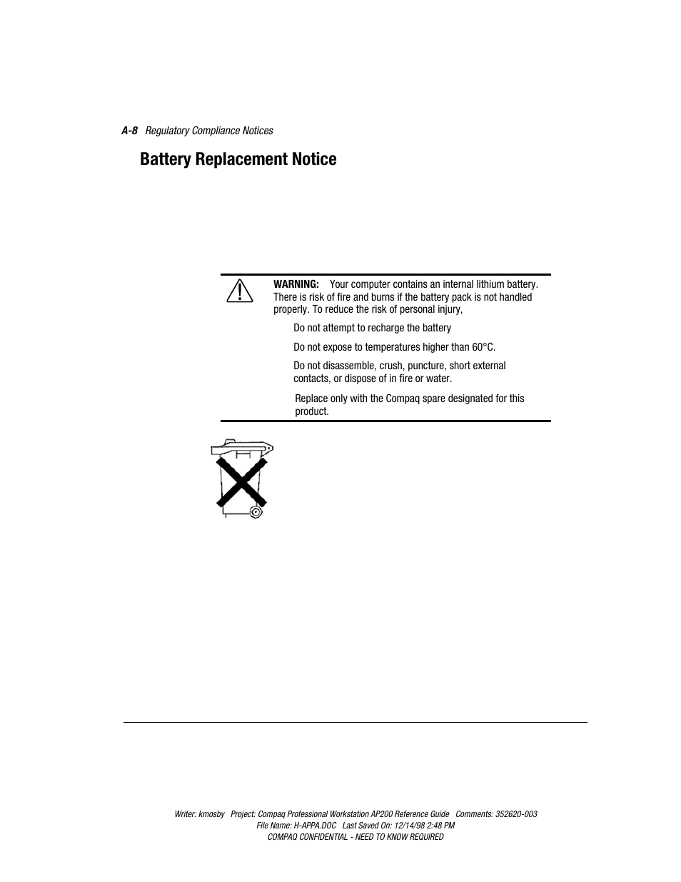 Battery replacement notice | Compaq Professional Workstation AP200 User Manual | Page 133 / 163