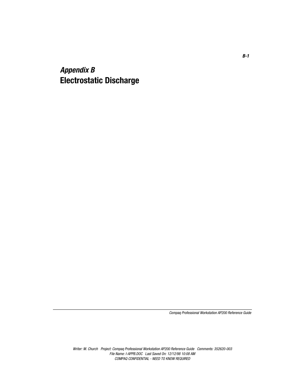 Appendix b: electrostatic discharge, Appendix b, Electrostatic discharge | Compaq Professional Workstation AP200 User Manual | Page 134 / 163