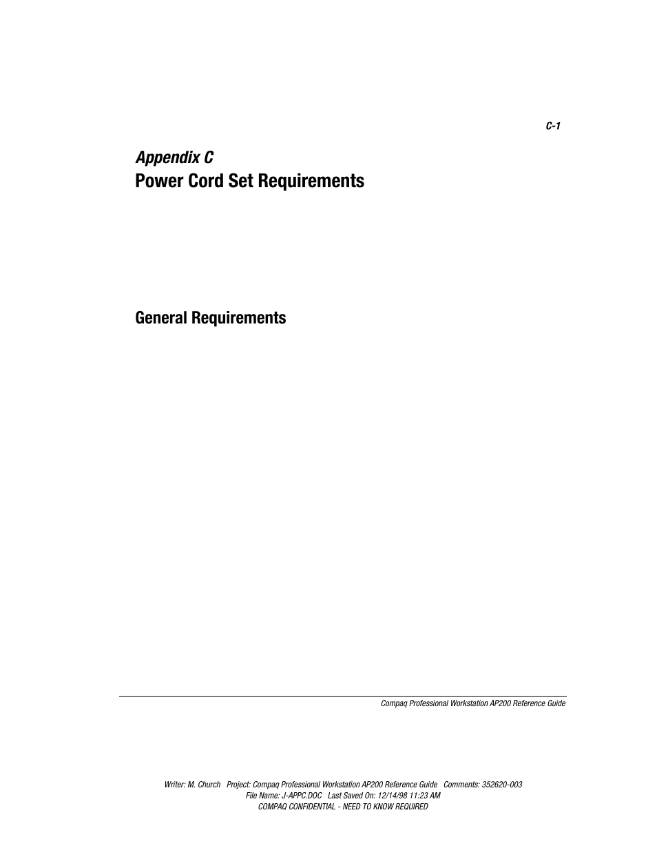 Appendix c: power cord set requirements, General requirements, Appendix c | Power cord set requirements | Compaq Professional Workstation AP200 User Manual | Page 136 / 163