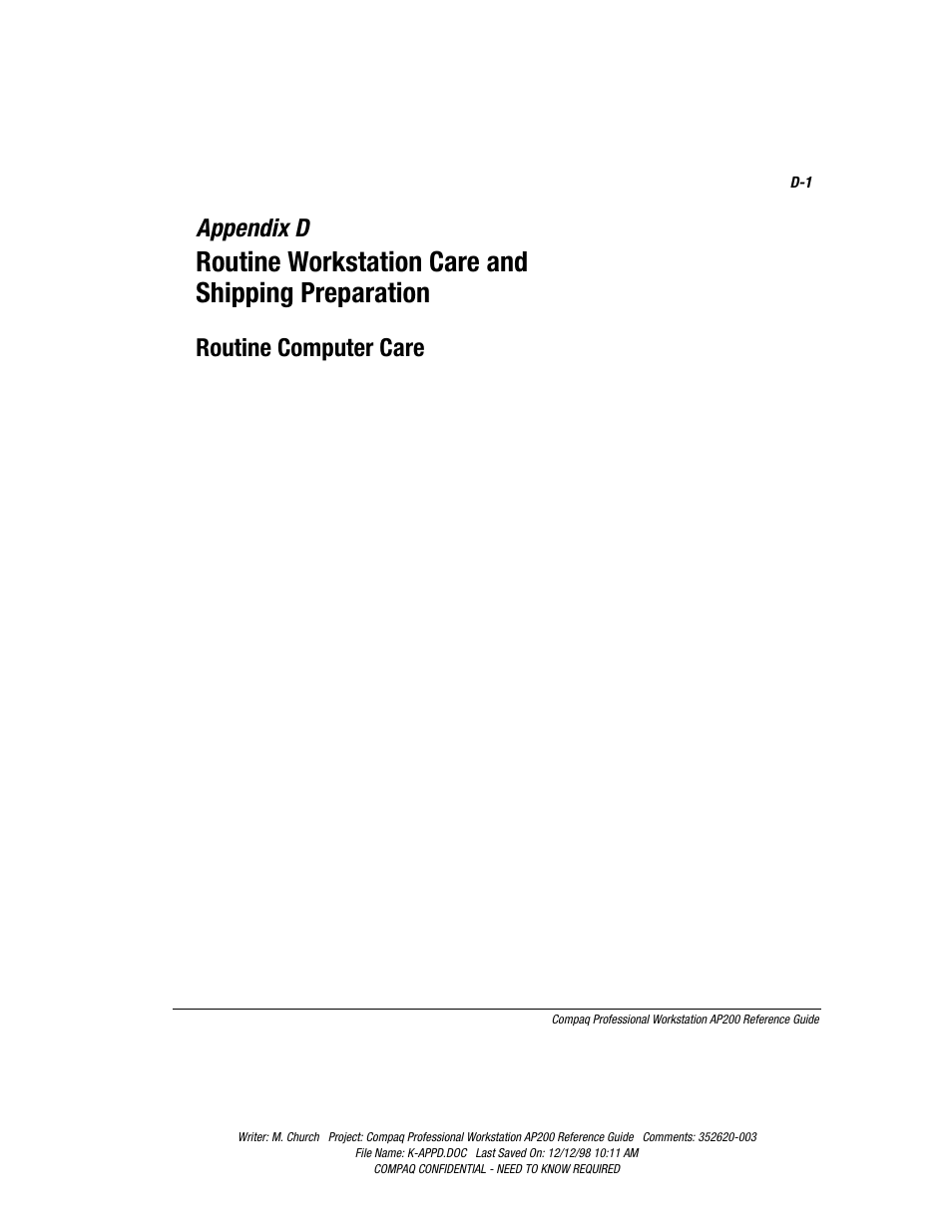 Routine computer care, Appendix d, Routine workstation care and shipping preparation | Compaq Professional Workstation AP200 User Manual | Page 138 / 163