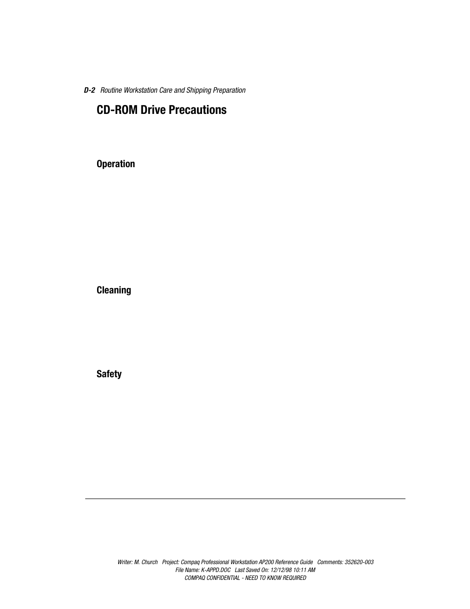 Cd-rom drive precautions, Operation, Cleaning | Safety | Compaq Professional Workstation AP200 User Manual | Page 139 / 163