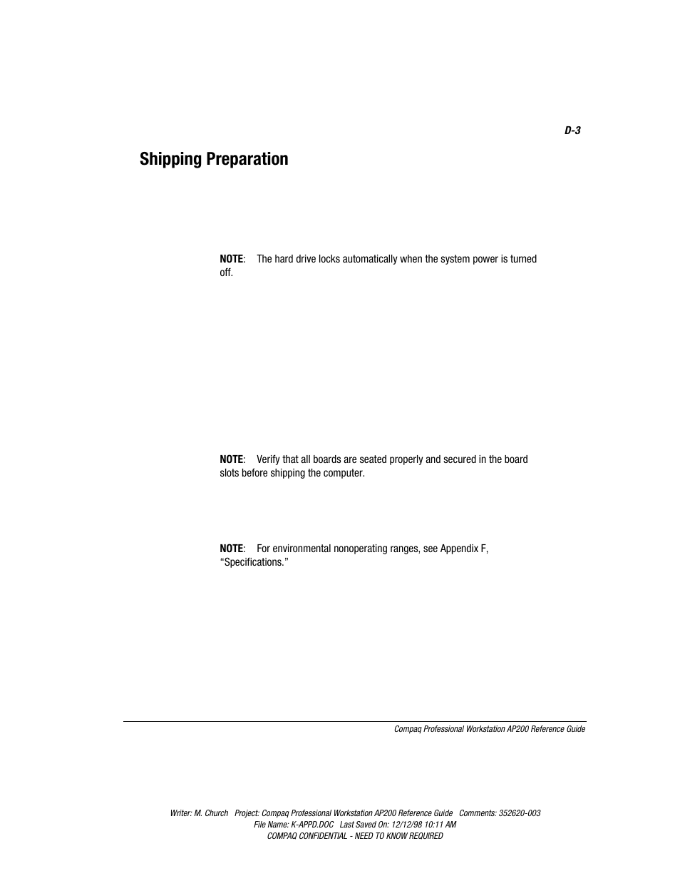 Shipping preparation | Compaq Professional Workstation AP200 User Manual | Page 140 / 163